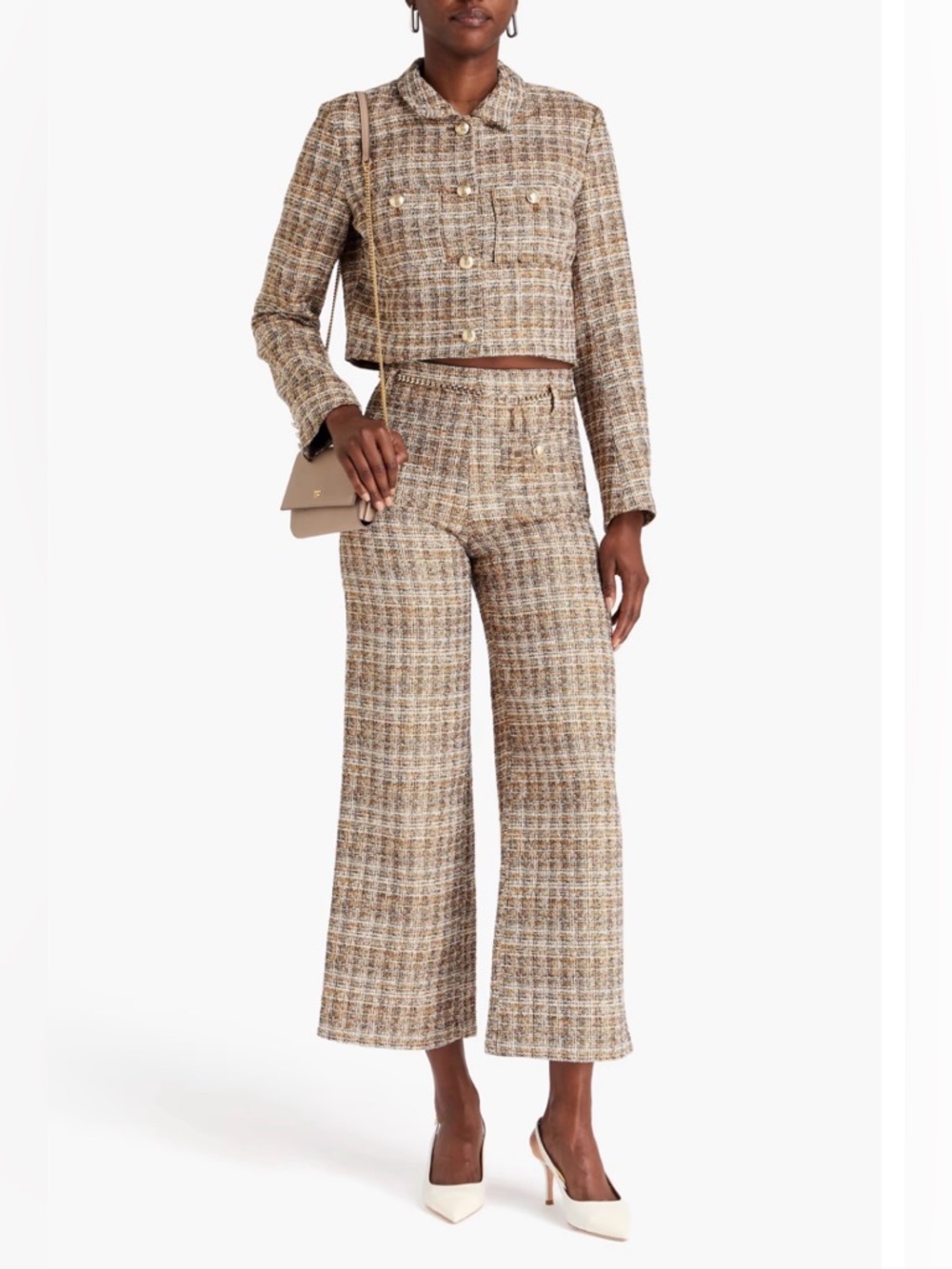 MAJE High-Waist Wide Leg Tweed Pants in Brown Plaid SIZE 36